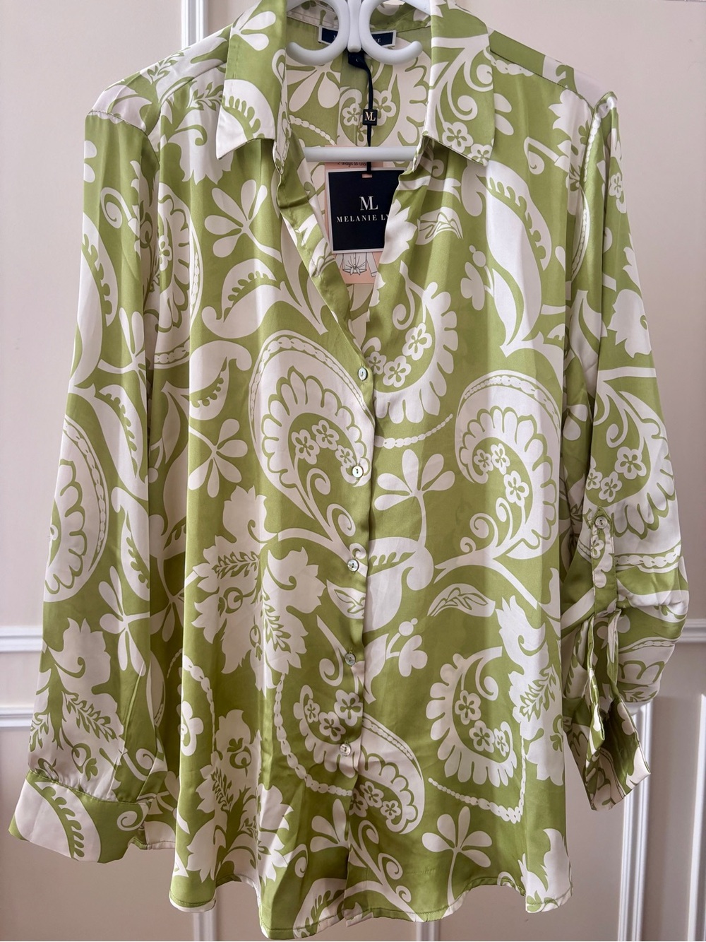 Olive & White Paisley Satin Floral-Printed,Button-Up Blouse